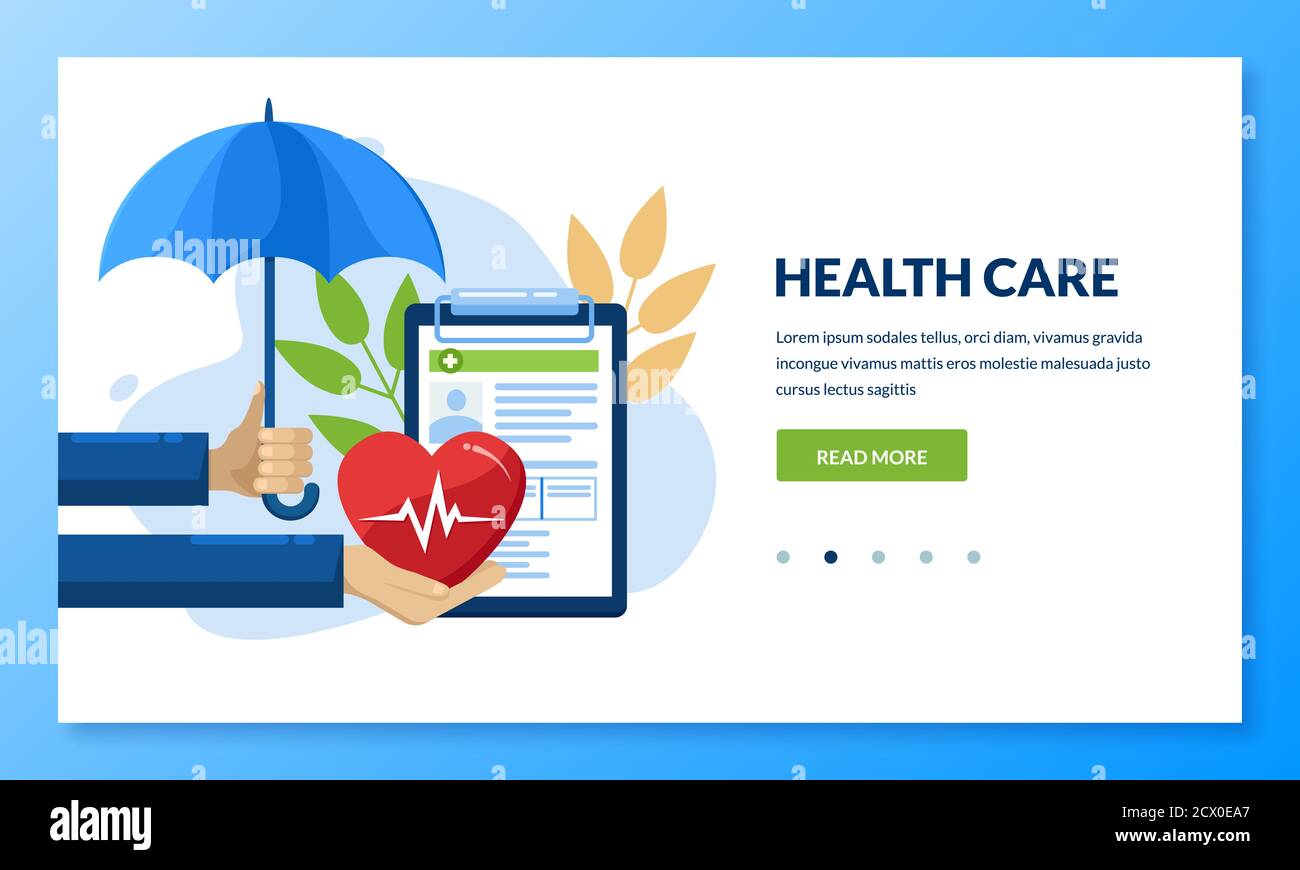 Health insurance concept. Vector flat medical care illustration. Human hand holding heart and umbrella. Landing page or banner design template for med Stock Vector
