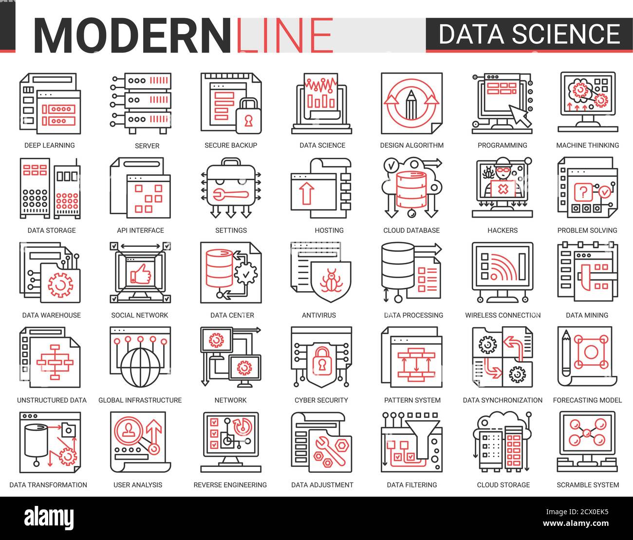 Data science complex thin red black line concept icon vector set with outline symbols collection scientific technology in database storage internet systems, cyber security of network connection Stock Vector