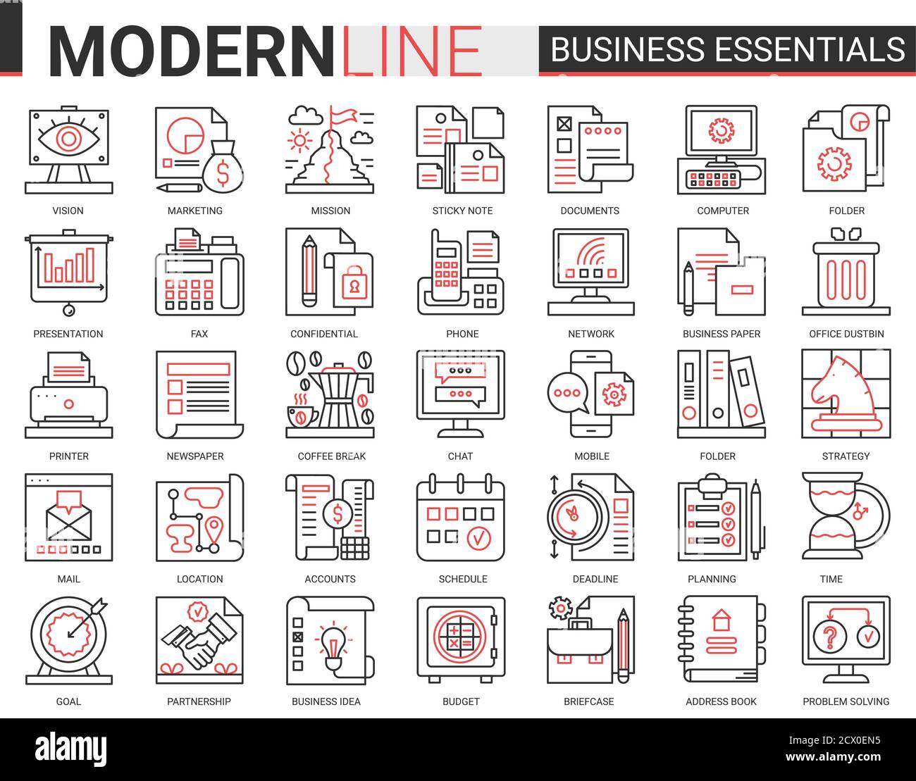 Business complex concept thin red black line icon vector set. Business essential website outline pictogram symbols collection with office objects, equipment documents for financial development Stock Vector