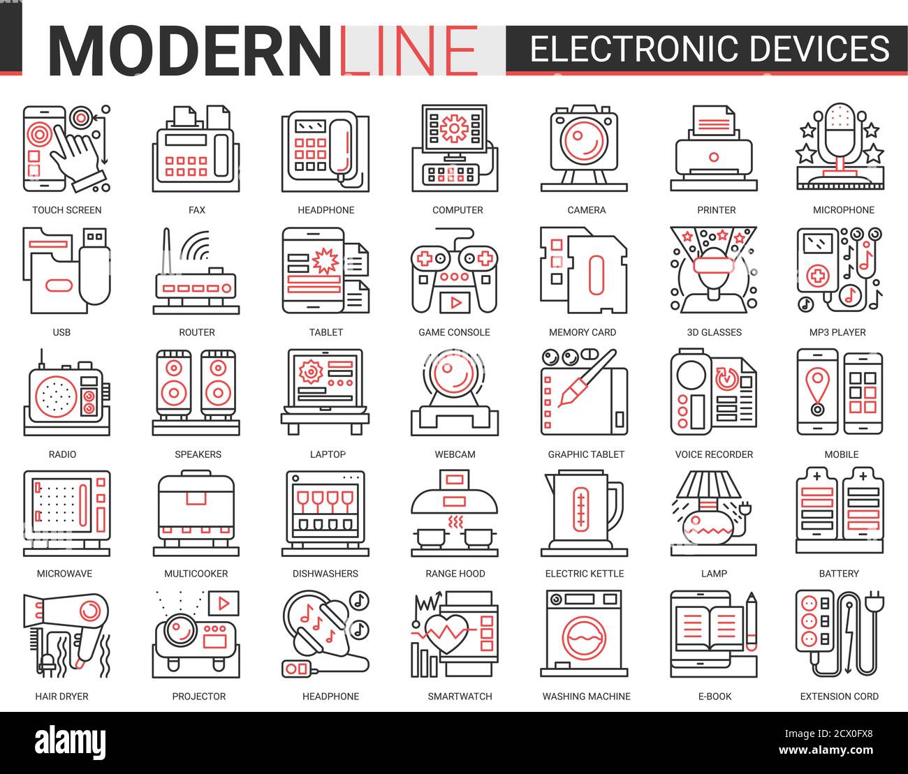 Electronic devices complex concept icon vector set. Red black thin line computer game accessories and kitchen appliances collection of outline electronically symbols for gadget or kitchenware store Stock Vector