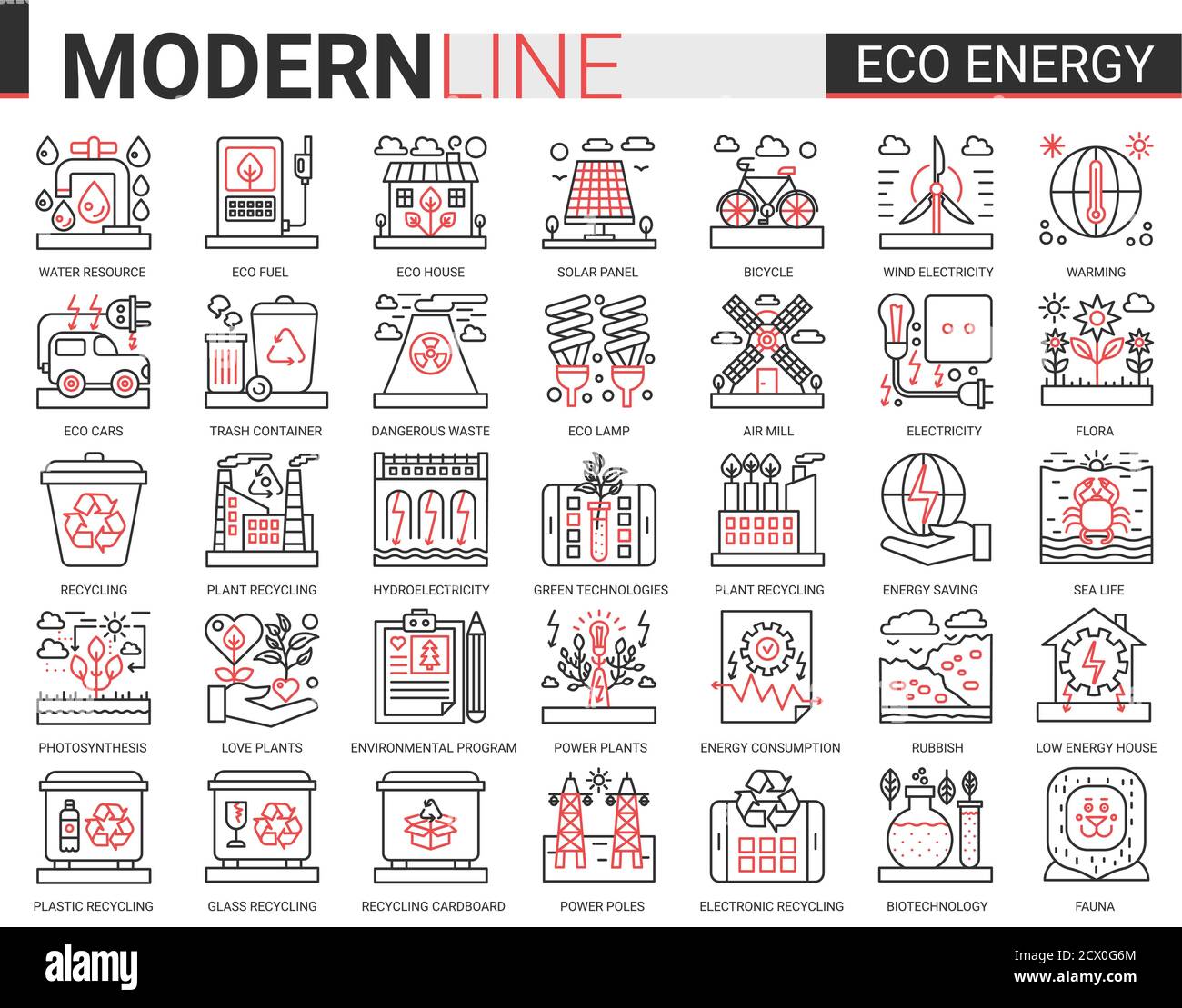 Eco energy complex line icons vector illustration set of ecology problems linear symbols, environmental ecosystem protection and green waste recycling technology. Stock Vector