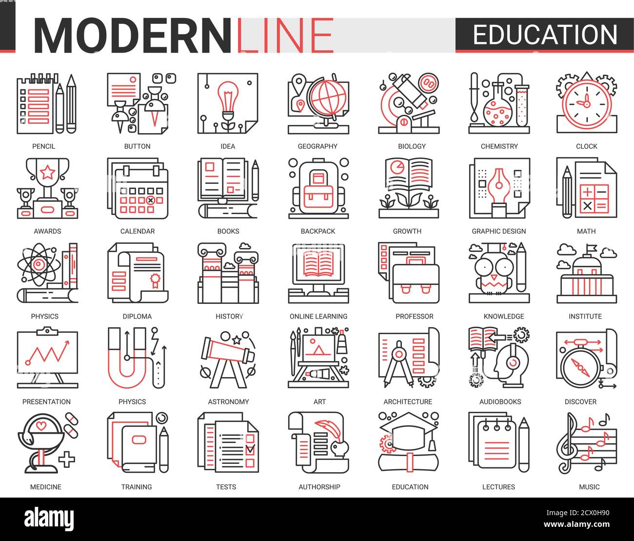Education complex concept thin red black line icon vector set with outline infographic school, laboratory or university, educational symbols, lab experiment equipments, school book and stationery Stock Vector