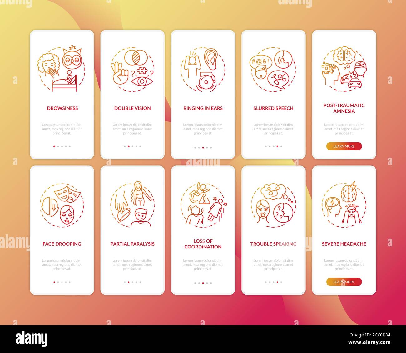 Neurological problem sign red gradient onboarding mobile app page screen with concepts set Stock Vector