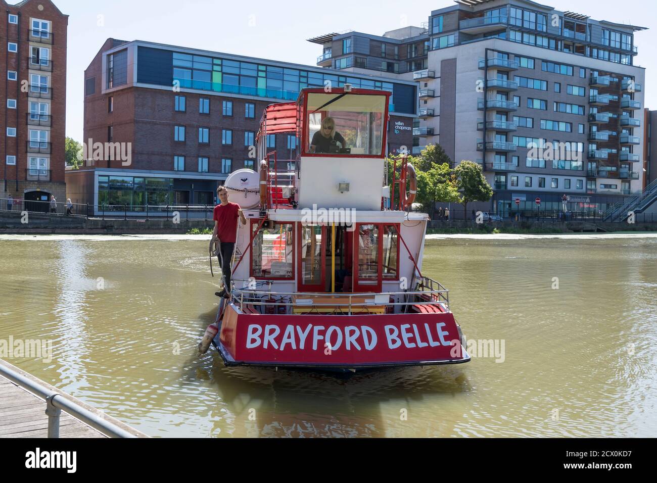 Brayford Belle for public cruising trips on the Brayford Pool approaching the landing stage Lincoln city August 2020 Stock Photo
