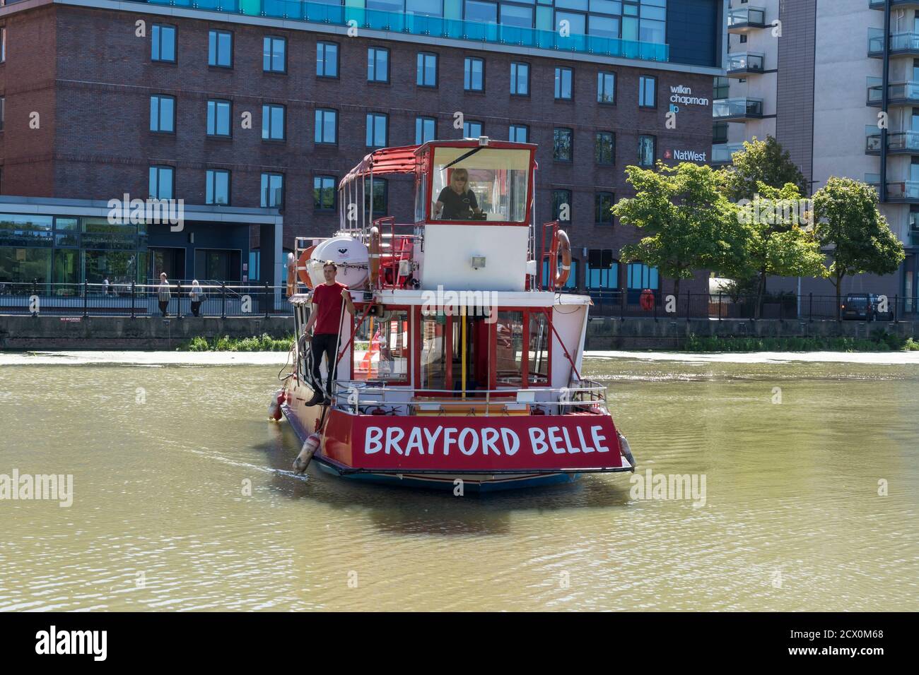 Brayford Belle for public cruising trips on the Brayford Pool approaching the landing stage Lincoln city August 2020 Stock Photo