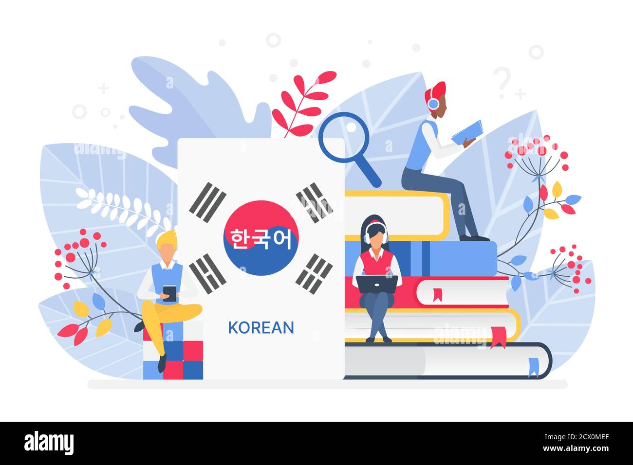 People learning Korean language vector illustration. Korea Distance education, online learning courses concept. Students reading books cartoon characters. Teaching foreign languages Stock Vector