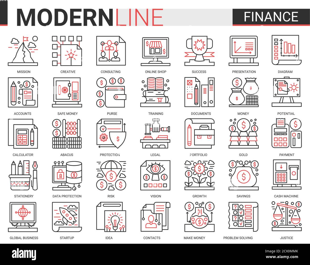 Finance concept complex thin red black line concept icon vector set with outline financial business symbols collection commerce analysis technology, economic data consulting and analyzing bank account Stock Vector