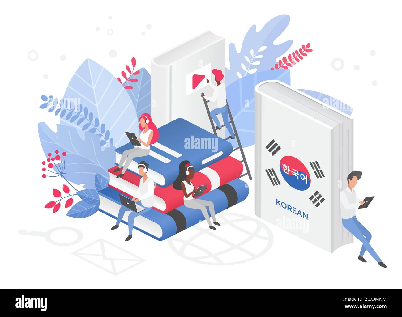 People learning Korean language isometric 3d vector illustration. Korea Distance education, online learning courses concept. Students reading books cartoon characters. Teaching foreign languages Stock Vector