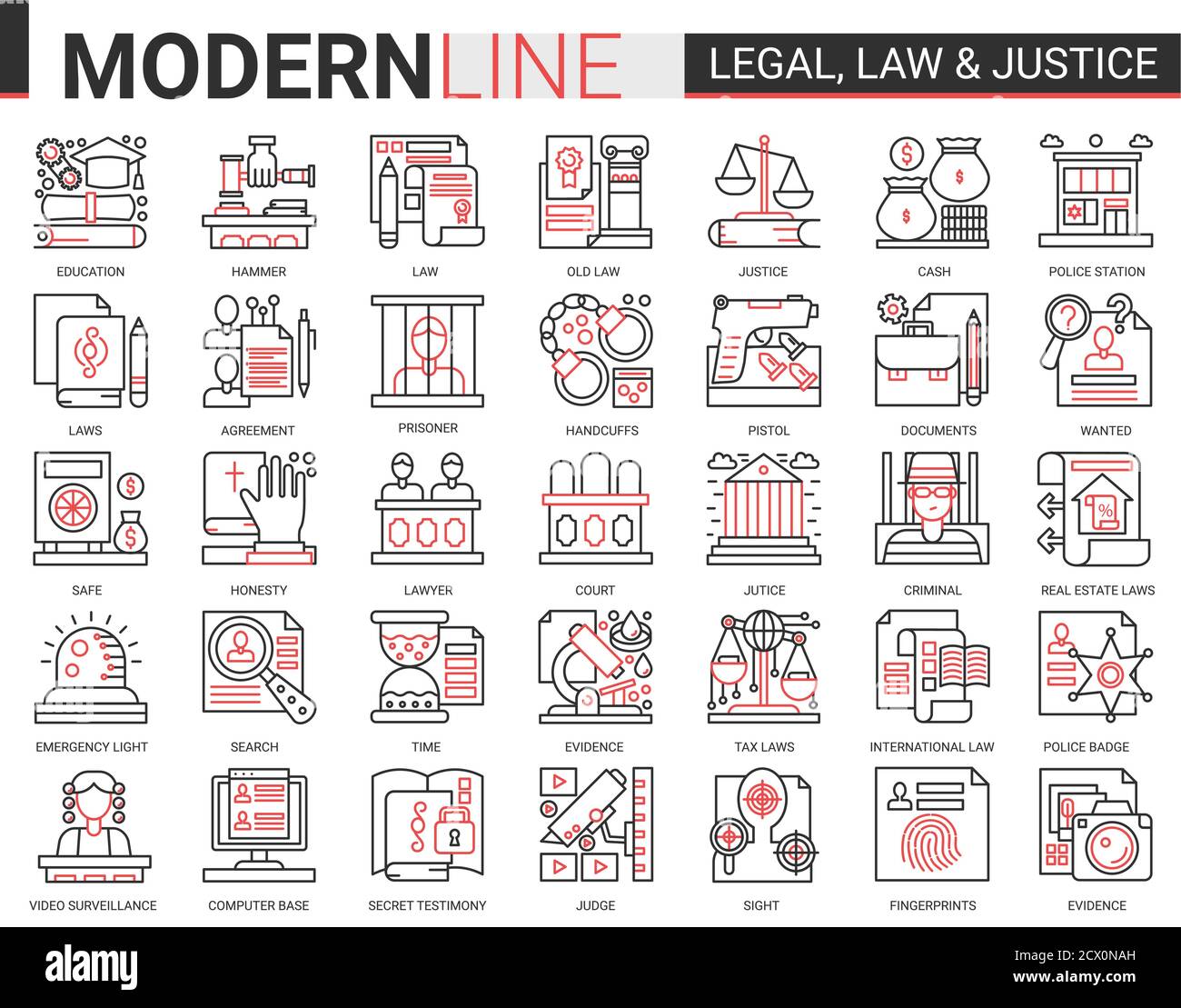 Legal law and justice concept complex icon vector set. Red black thin line infographic design of mobile app website symbols with judicial legislation education, lawyer defense, police investigation Stock Vector
