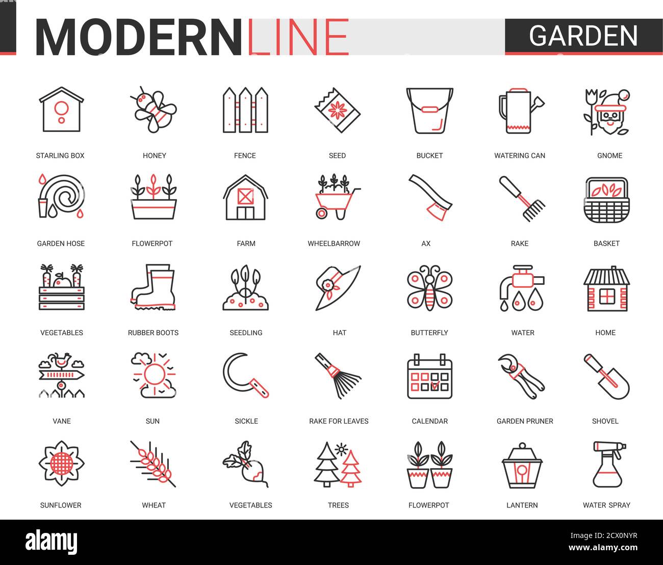 Garden farm tools flat icon vector illustration set. Red black thin line gardening or landscaping accessories for gardener farmer worker, agriculture equipment collection of outline pictogram symbols Stock Vector