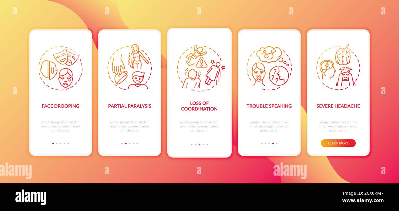 Brain stroke red gradient onboarding mobile app page screen with concepts Stock Vector