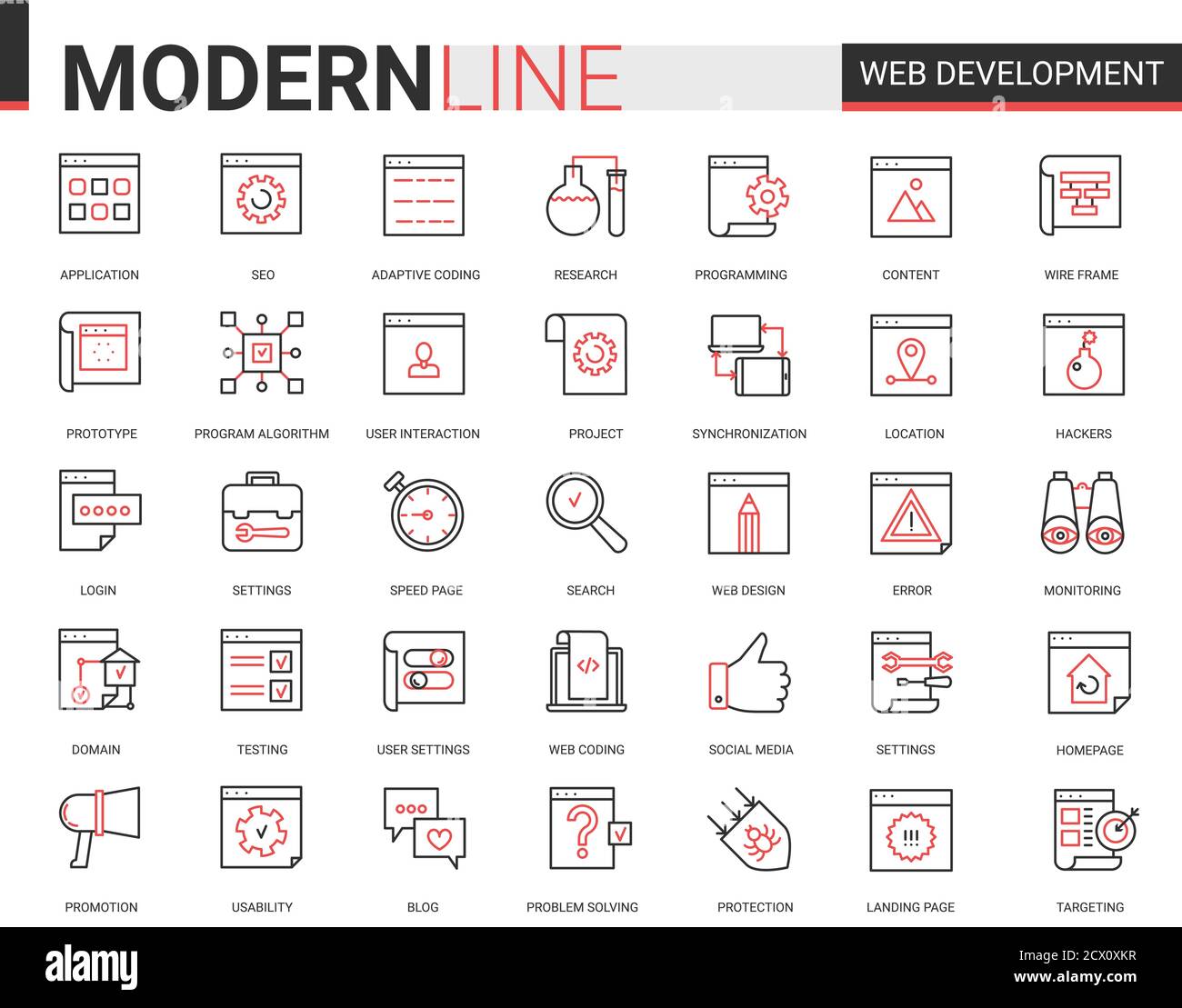 Web development thin red black line icon vector illustration set ...