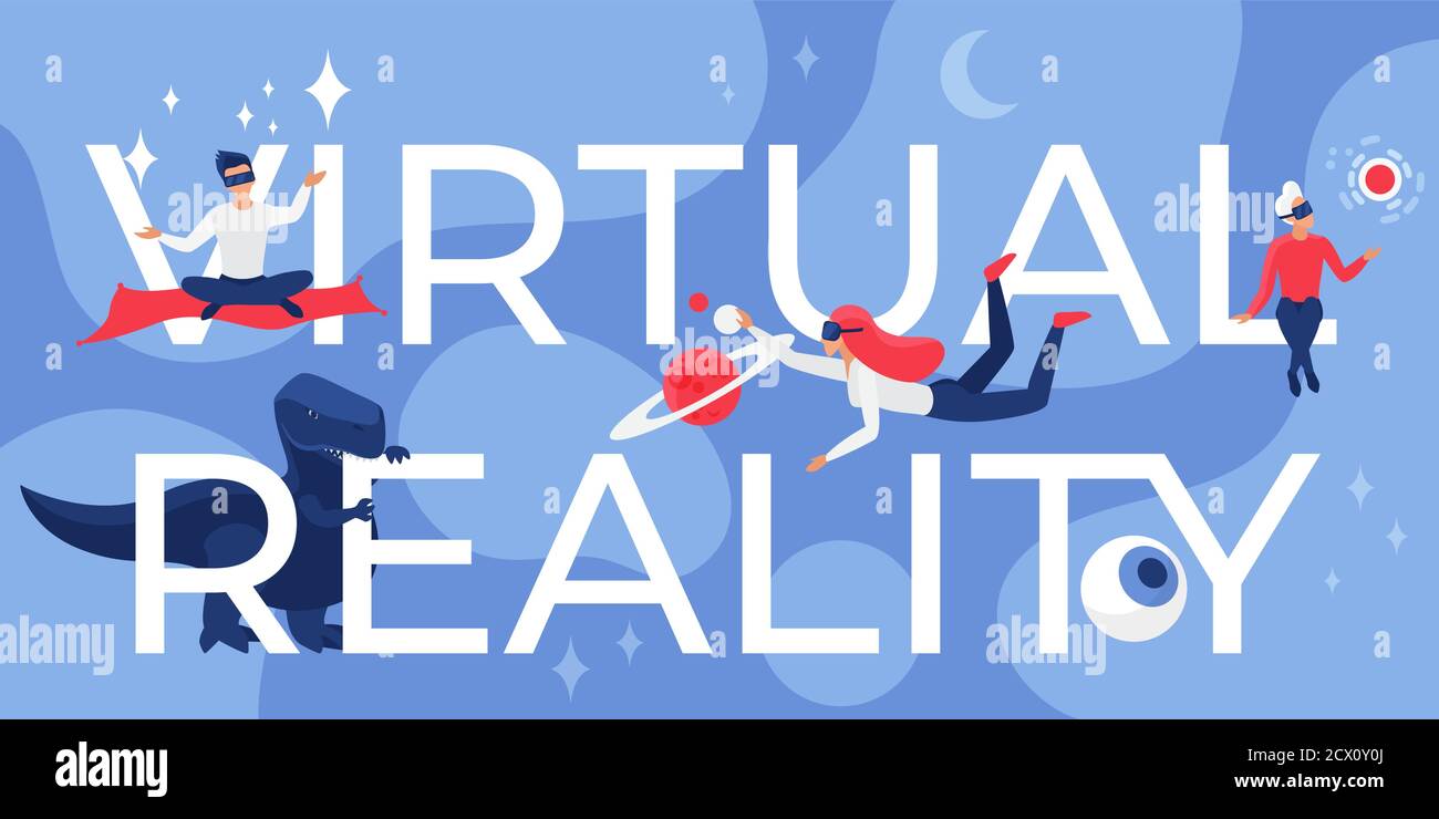 Virtual reality lettering vector illustration. Cartoon flat futuristic concept with developer user people in vr glasses flying next to virtual reality big letters, future interactive game background Stock Vector