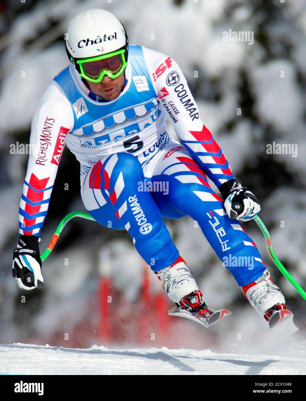 Yannick Bertrand of France makes a turn during alpine skiing training for the Men's World Cup Downhill in Lake Louise, Alberta November 24, 2011.    REUTERS/Mike Blake     (CANADA - Tags: SPORT SKIING) Stock Photo