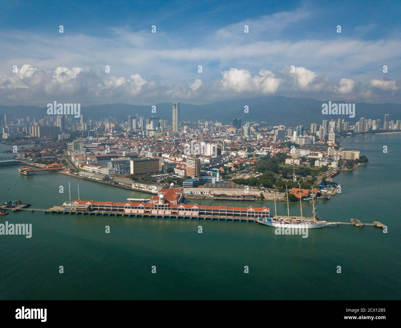 Aerial view Port Swettenham with background Penang Island. Stock Photo