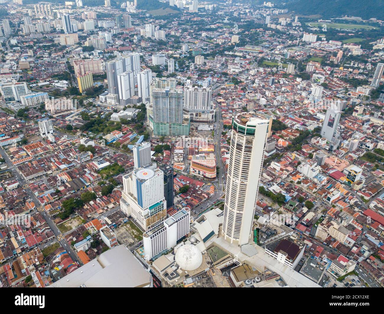 George Town, Penang/Malaysia - Nov 22 2019: Aerial view KOMTAR building with heritage house. Stock Photo