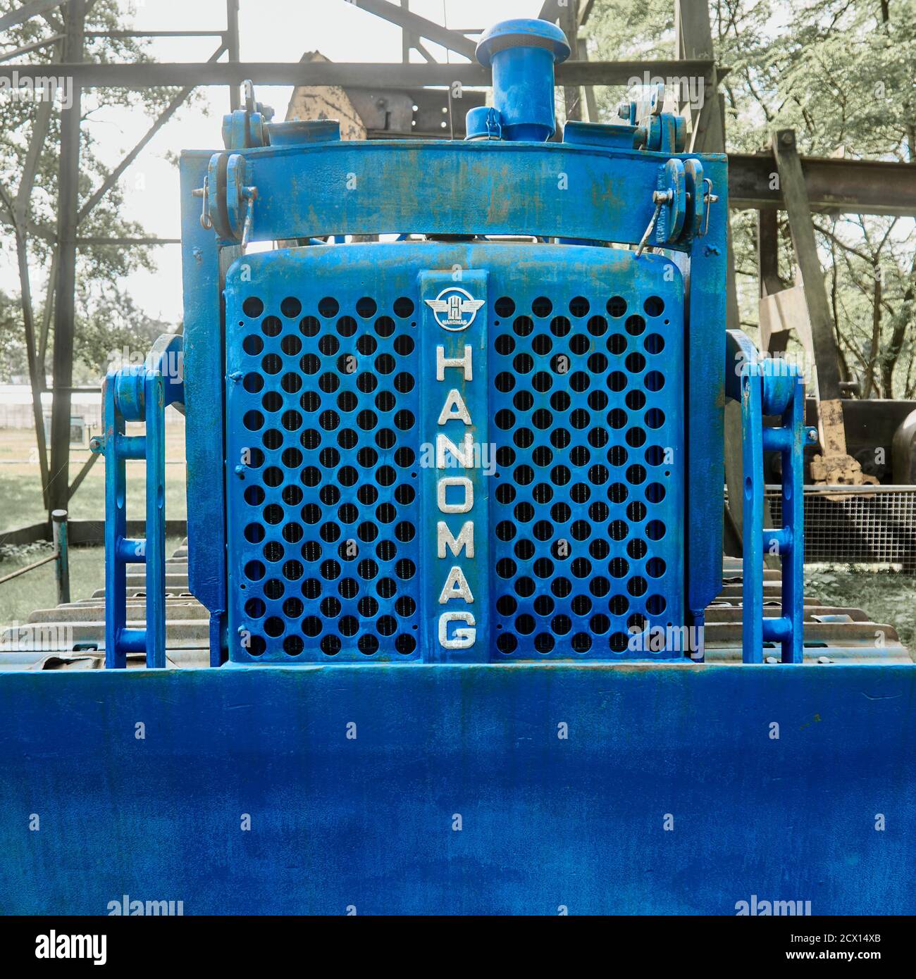 Wietze, Germany, September 10., 2020: Blue Hanomag machine for driving a winch to move drill rods in the well during oil drilling Stock Photo