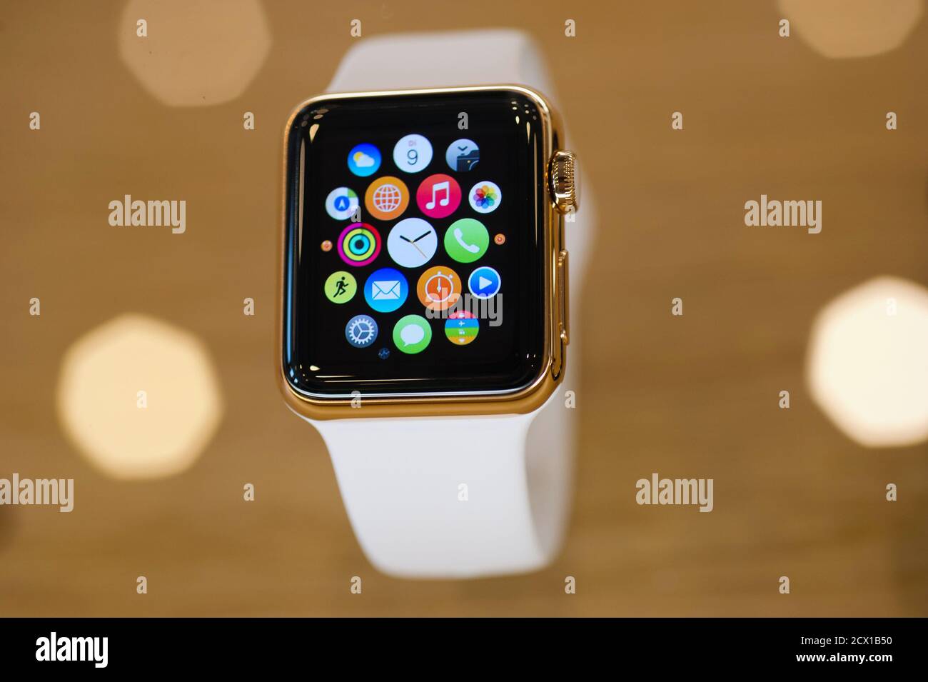 A gold plated Apple Watch is seen at an Apple Store in Berlin April 10,  2015. Consumers flock to Apple Inc's stores to get the world's first  up-close look at the tech