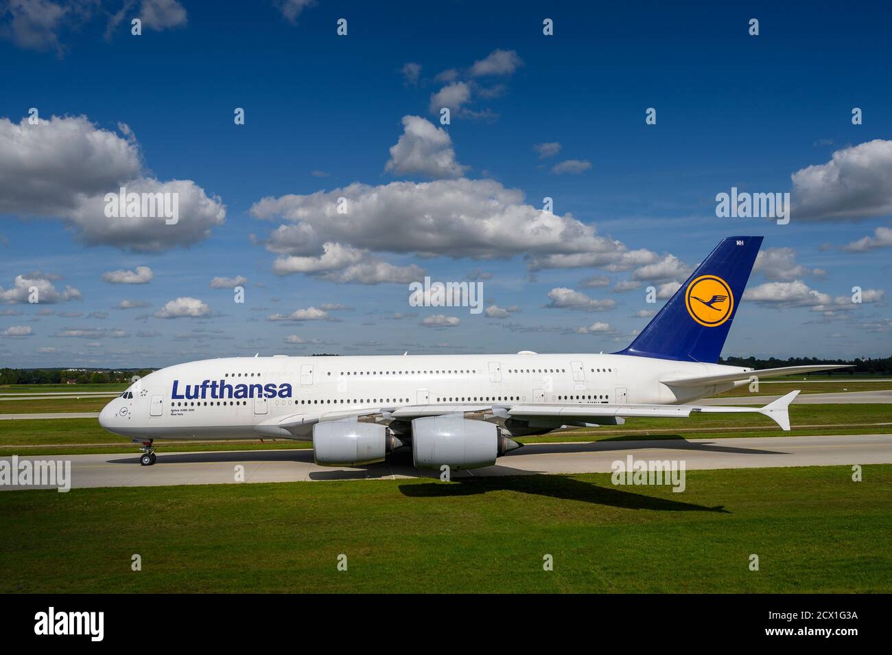 Munich, Germany - September 19. 2019 : Lufthansa Airbus A380-841  with the aircraft registration D-AIMH  is taxiing for take off on the northern runwa Stock Photo