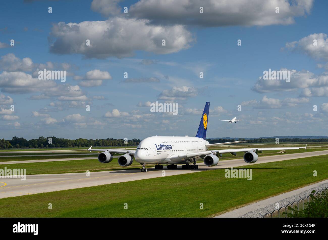 Munich, Germany - September 19. 2019 : Lufthansa Airbus A380-841  with the aircraft registration D-AIMH  is taxiing for take off on the northern runwa Stock Photo