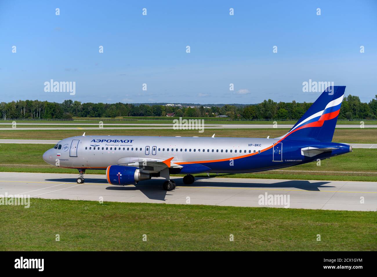 Munich, Germany - September 19. 2019 : Aeroflot - Russian Airlines Airbus A320-214 with the aircraft registration VP-BKC  is taxiing for take off on t Stock Photo