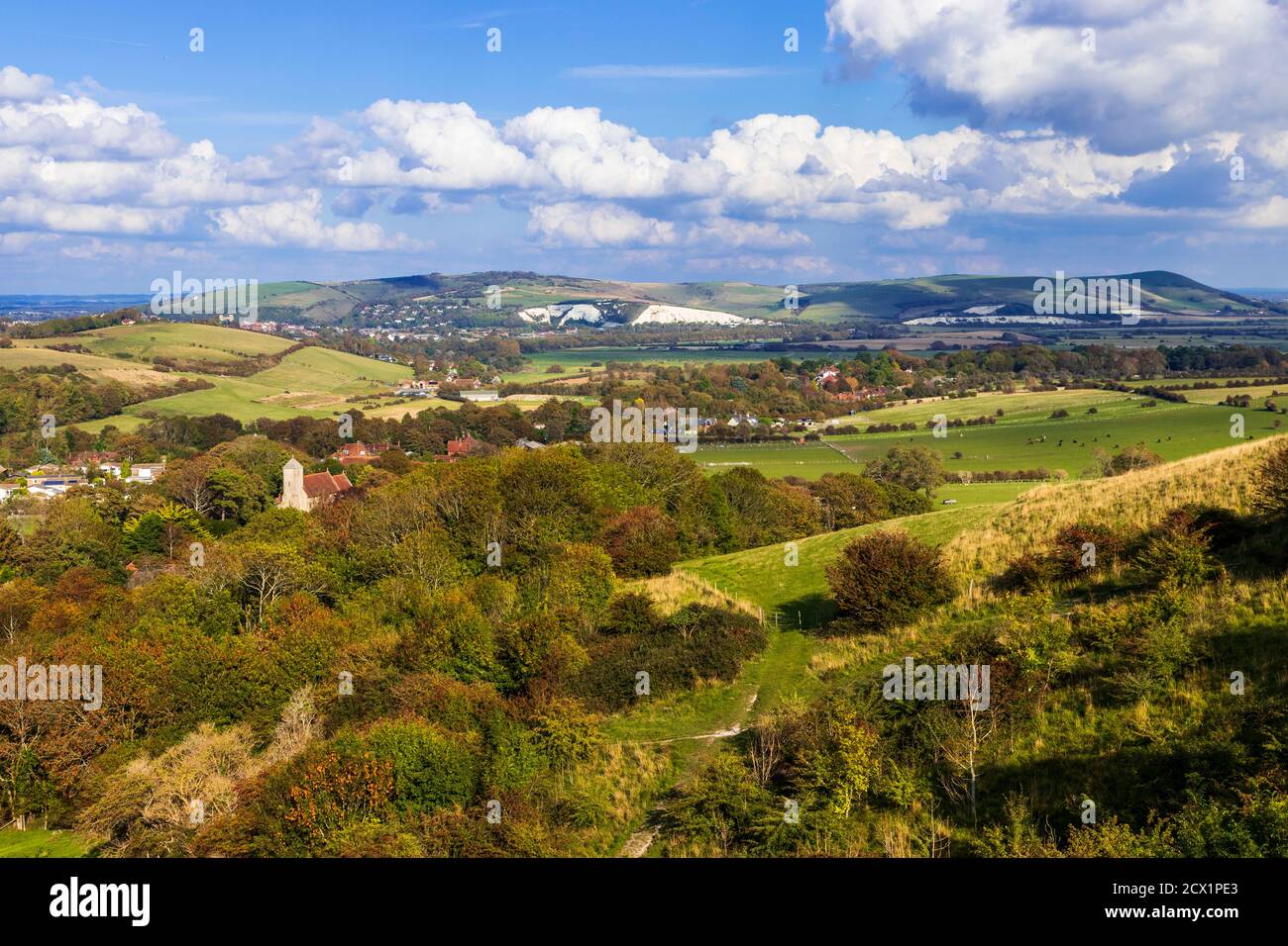 The wonderful views over the east Sussex countryside and Lewes Downs from Kingston Ridge south east England Stock Photo