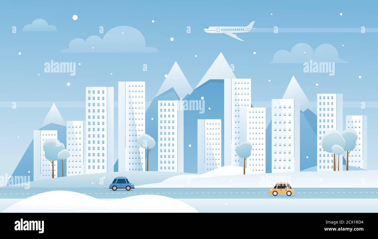 Winter city vector illustration. Cartoon flat modern urban town metropolis landscape, snowy panorama cityscape with skyscraper buildings, cars on street road wintertime scene, travel poster background Stock Vector