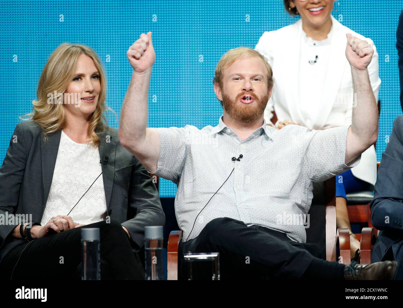 Cast members Christina Kirk (L) and Henry Zebrowski participate in a