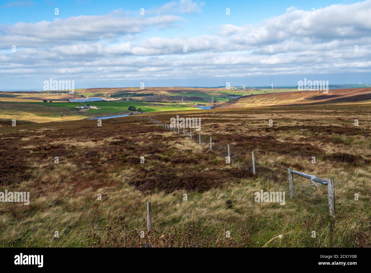 View from the A628 Woodhead Pass road across the moors to Dunford Bridge and Winscar Reservoir, South Yorkshire, UK Stock Photo