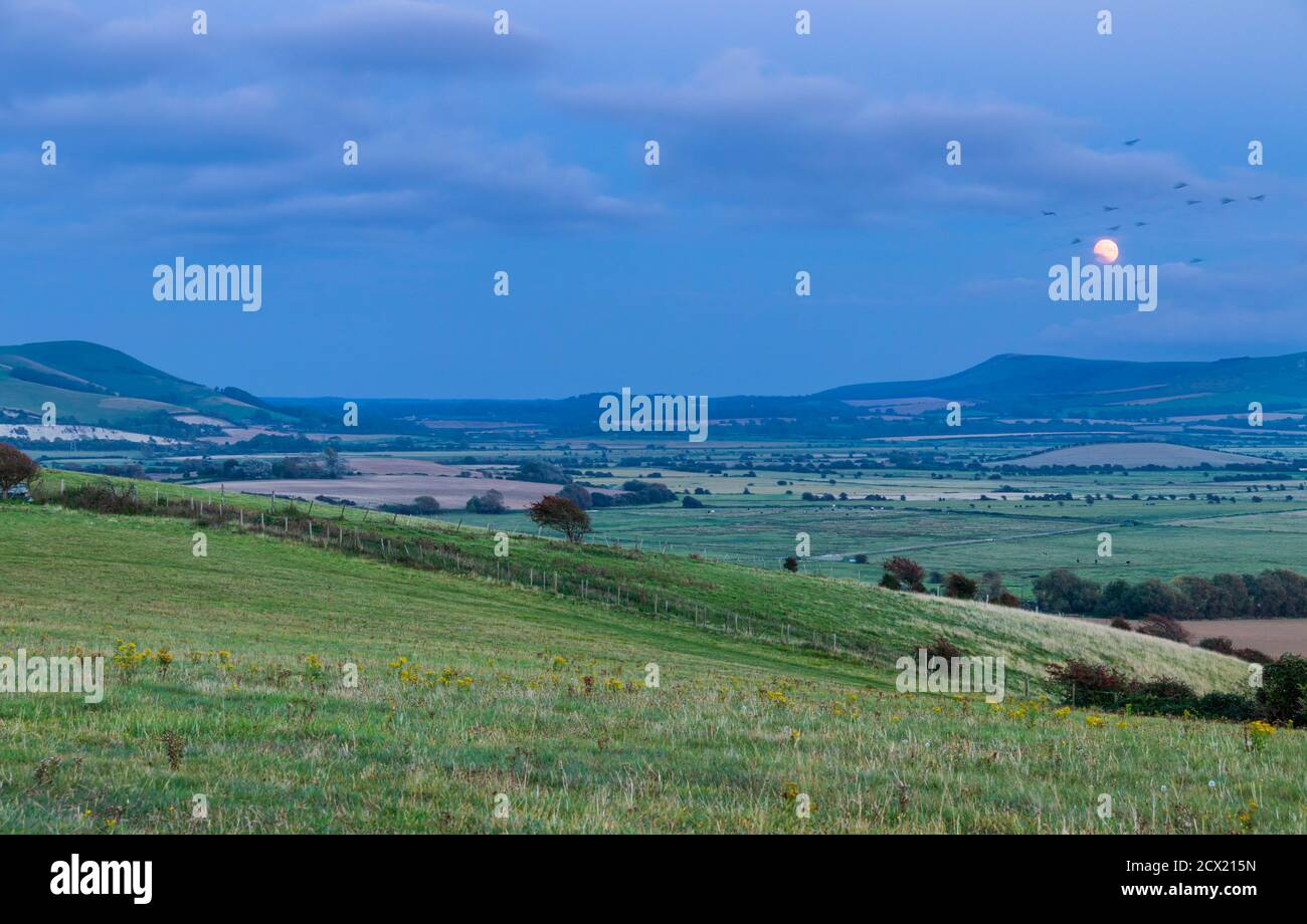 Moon rising over Bo Peep and the south downs in east Sussex south east England from Kingston ridge near Lewes Stock Photo