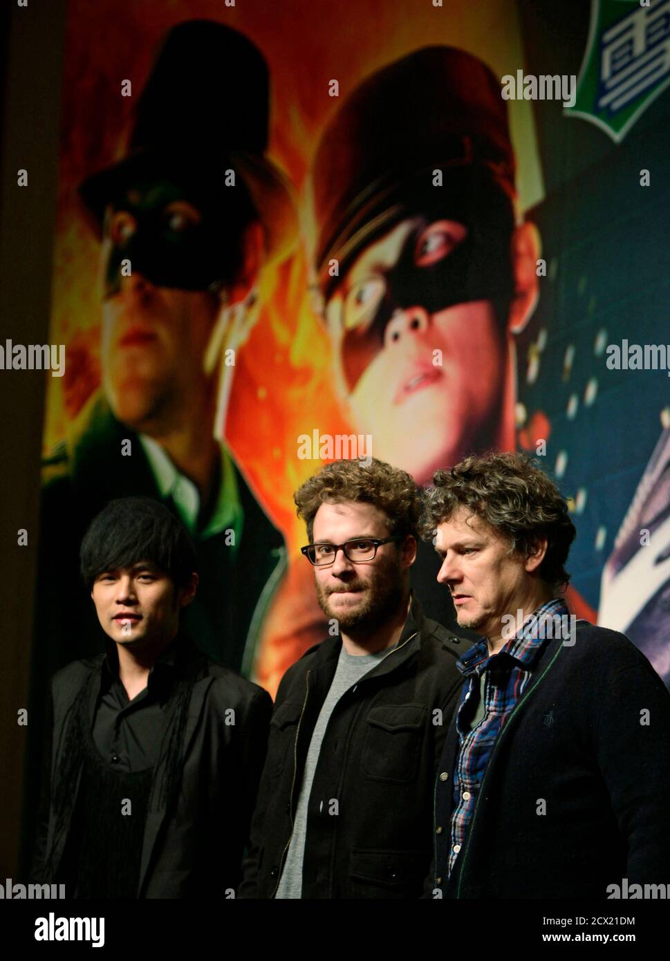 French Director Michel Gondry R Poses With Cast Members Seth Rogen C And Taiwan Singer And Actor Jay Chou At A News Conference To Promote The Film The Green Hornet In Beijing