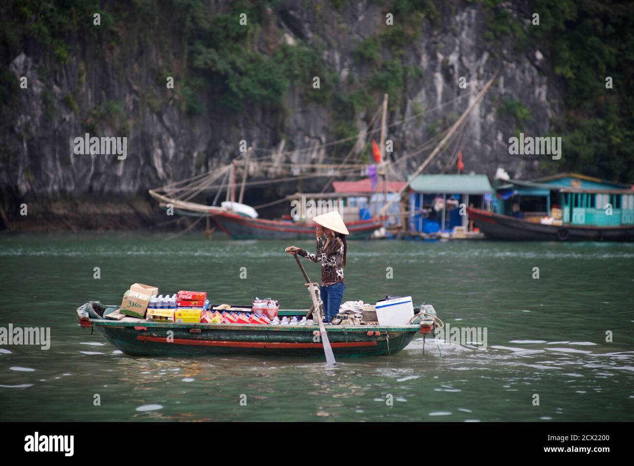 Vietnamese woman vending from her boat between Halong Bay and Cat Ba