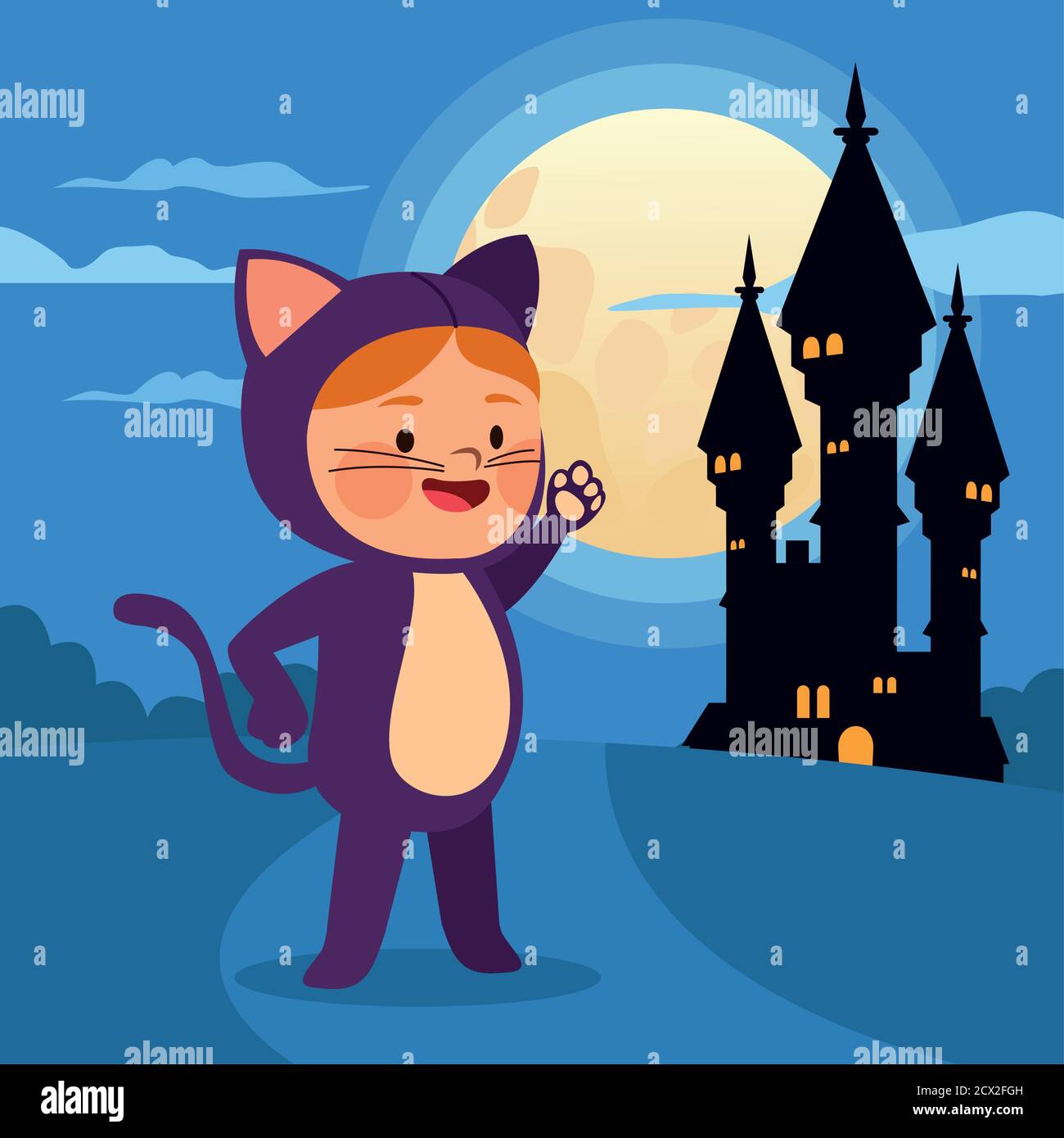 cute little girl dressed as a cat and castle vector illustration design ...