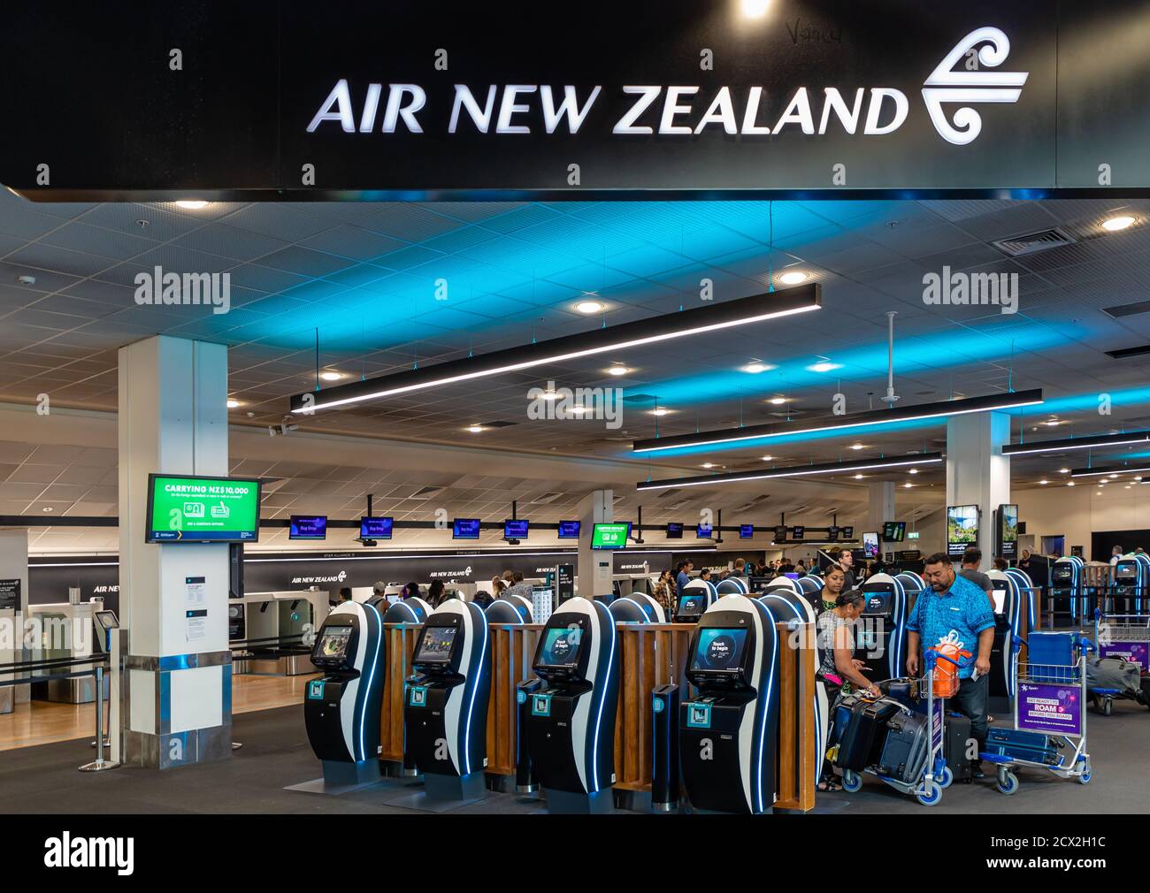 Auckland, New Zealand: Self service Mobile kiosk for check-in to New Zealand Airlines at Auckland International Airport, boarding pass and baggage tag Stock Photo