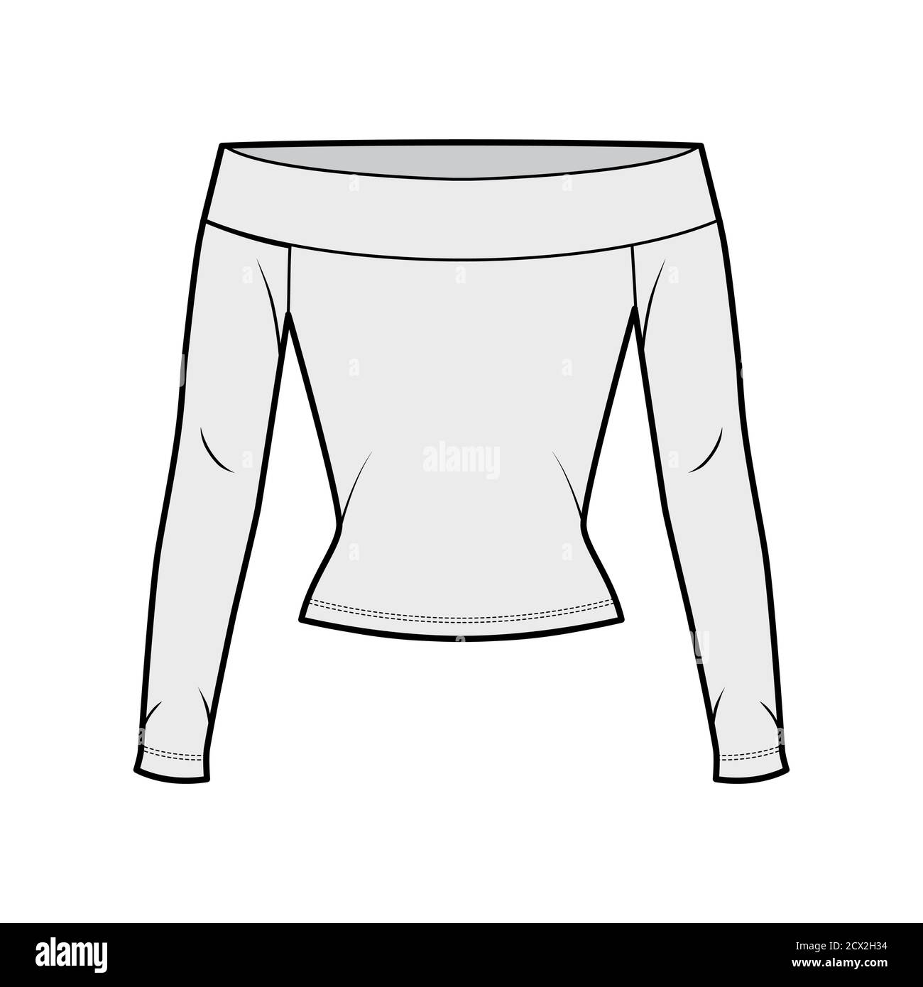 Off-the-shoulder stretch top technical fashion illustration with long ...