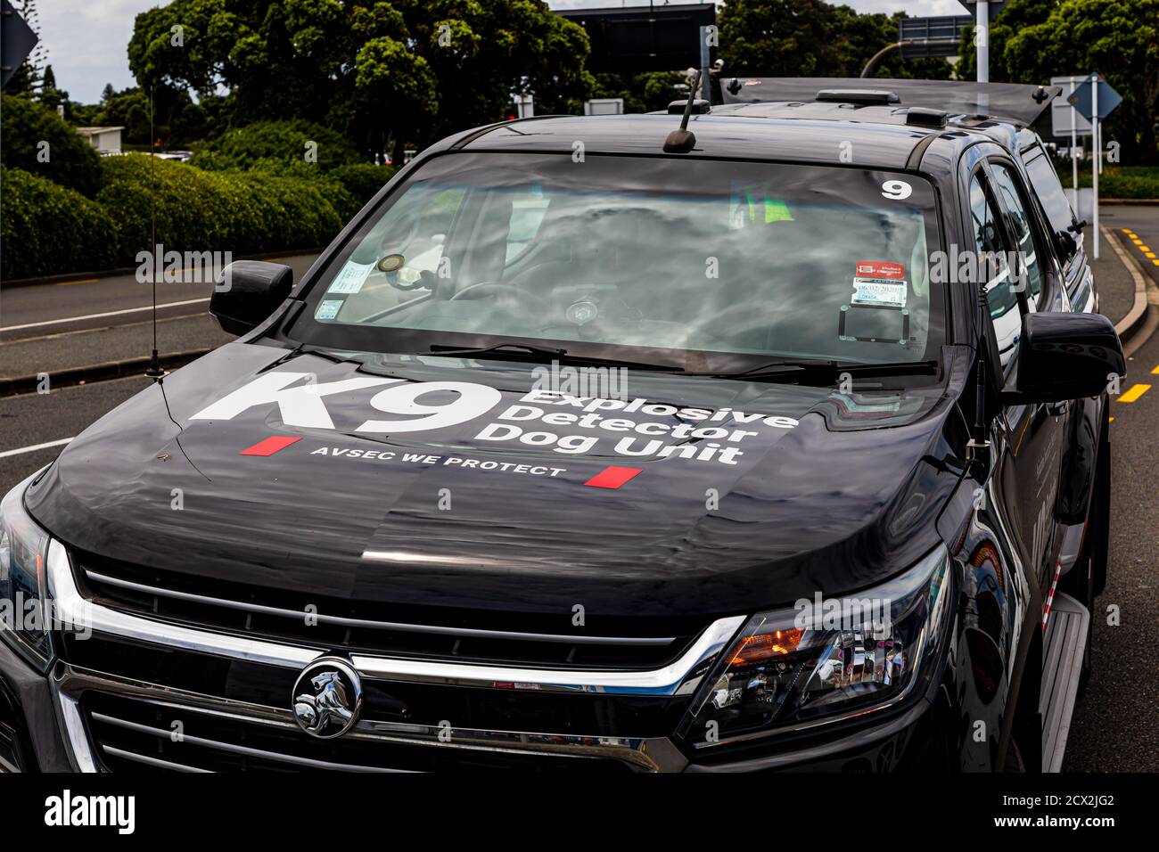 Car of the 'K9 Explosive Detector Dog Unit', a special security brigade for counter terrorism safety at the Auckland International Airport in NZ. Stock Photo