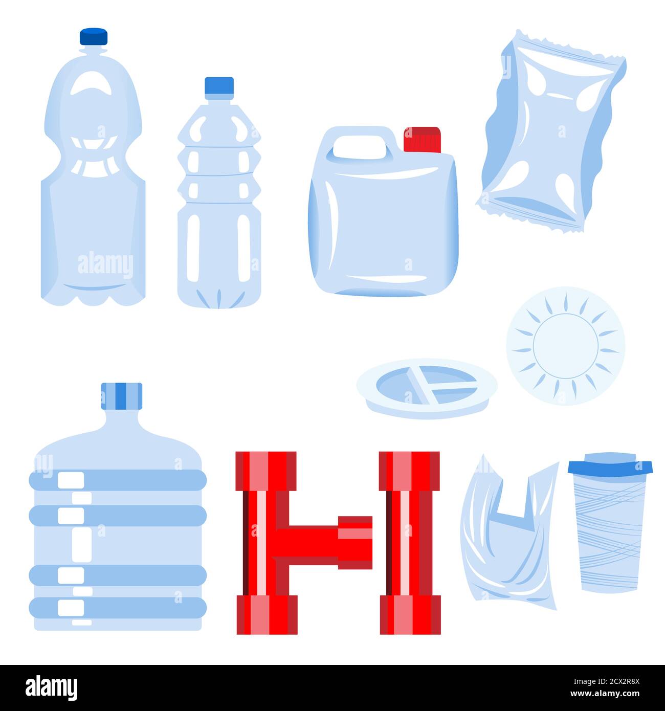 Set of plastic items. Bottle, plate, glass, tube, 5-gallon bucket, bag, packaging, tunnel, jerrican. Plastic materials Stock Vector