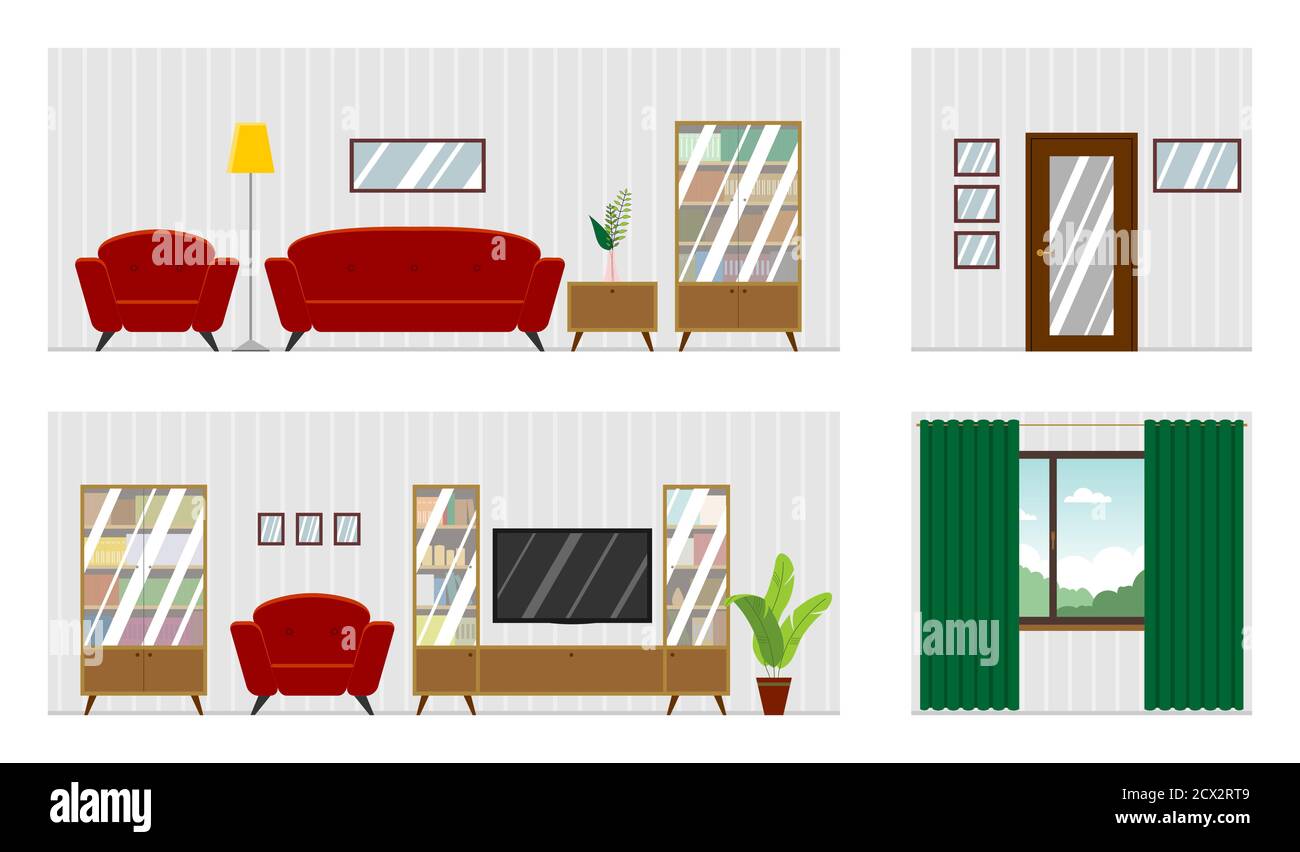 Vector panorama of the living room interior with furniture; room scan. Four walls; window, door, comfortable sofa, armchairs, bookcase, TV, houseplant Stock Vector