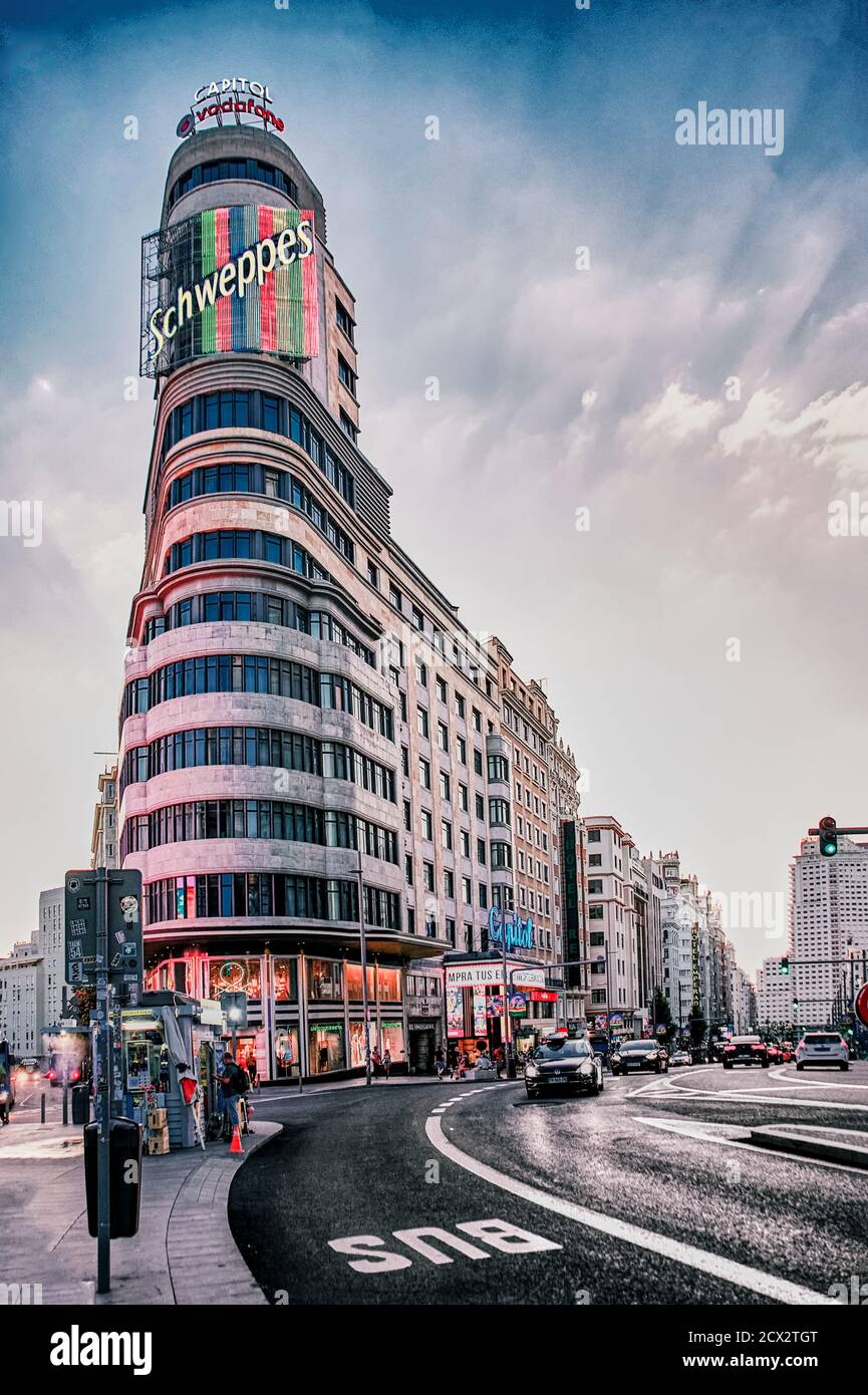 Madrid, Spain - September 29, 2020: View of the Capitol building on Gran Via street at sunset Stock Photo