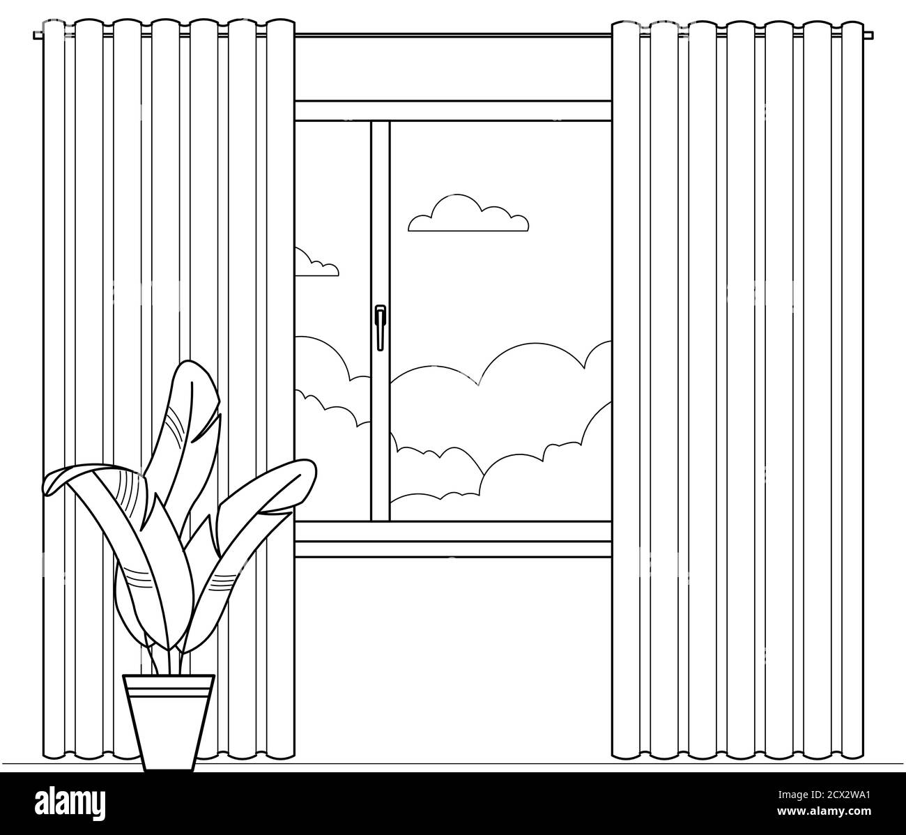 Vector outline window with summer landscape. Morning, day, evening, night outside the window with curtains. Modern flat cartoon style vector illustrat Stock Vector