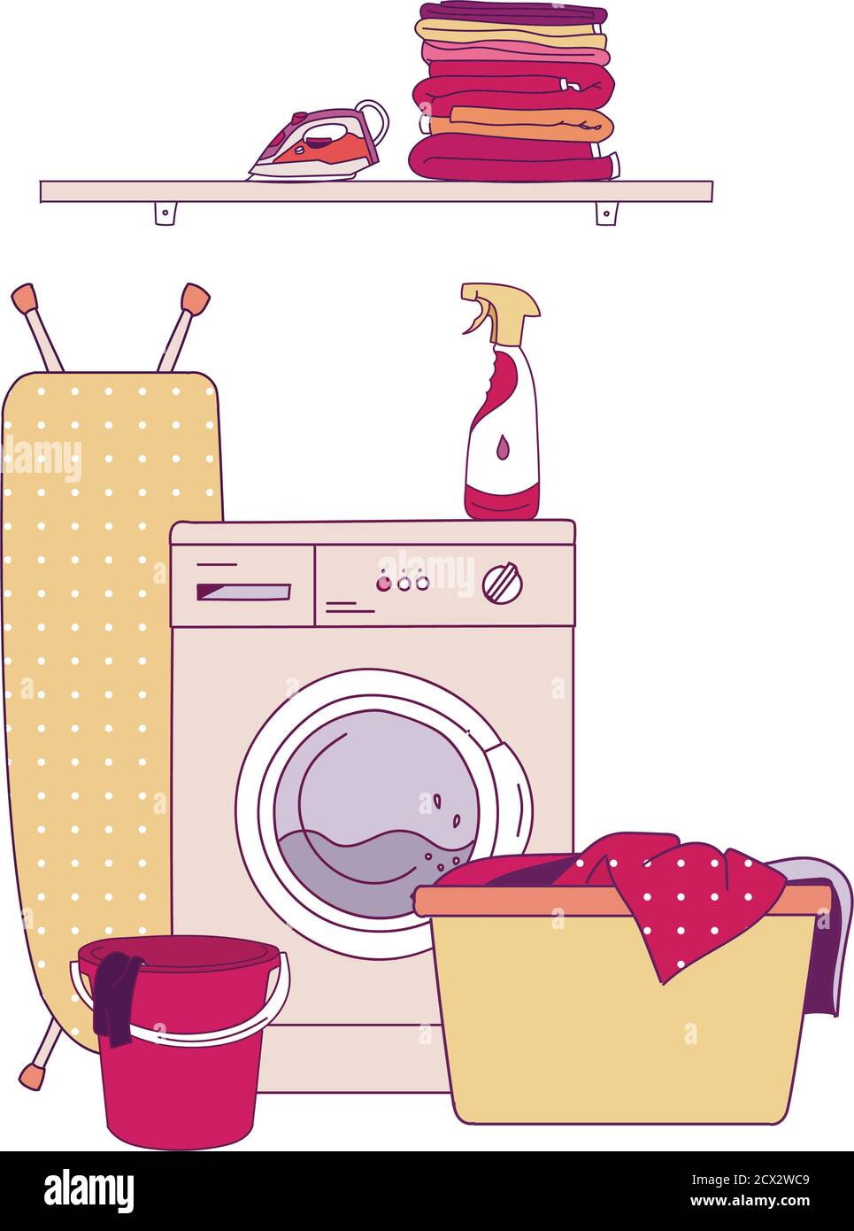 Laundry room interior. Utility room with washing machine, cleaning  equipment, home cleaners, clean wipes, hanging colorful shirts on  clothesline on wh Stock Photo - Alamy