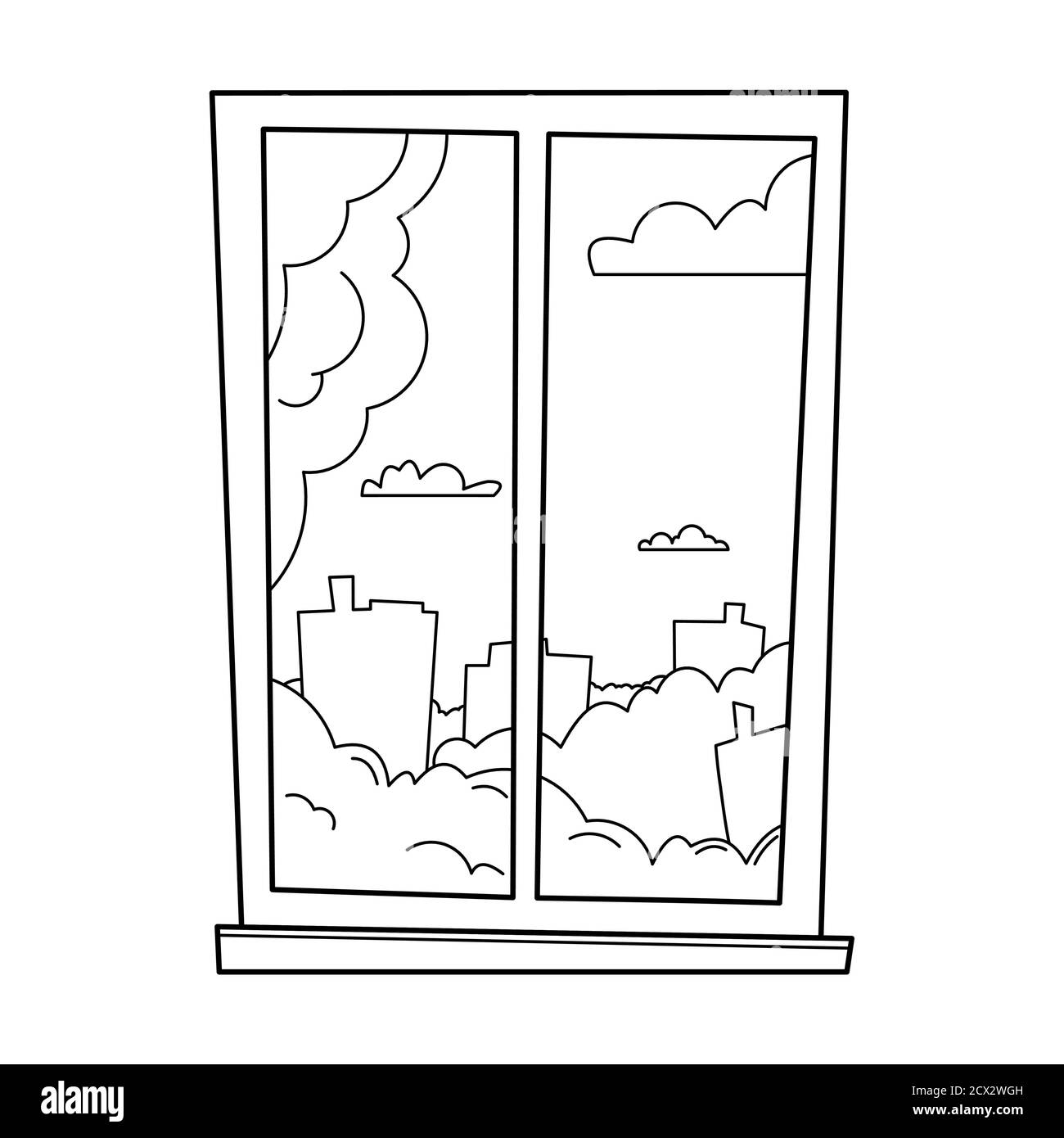 Vector outline window with summer landscape. Morning, day, evening, night outside the window. Modern flat cartoon style vector illustration. For color Stock Vector