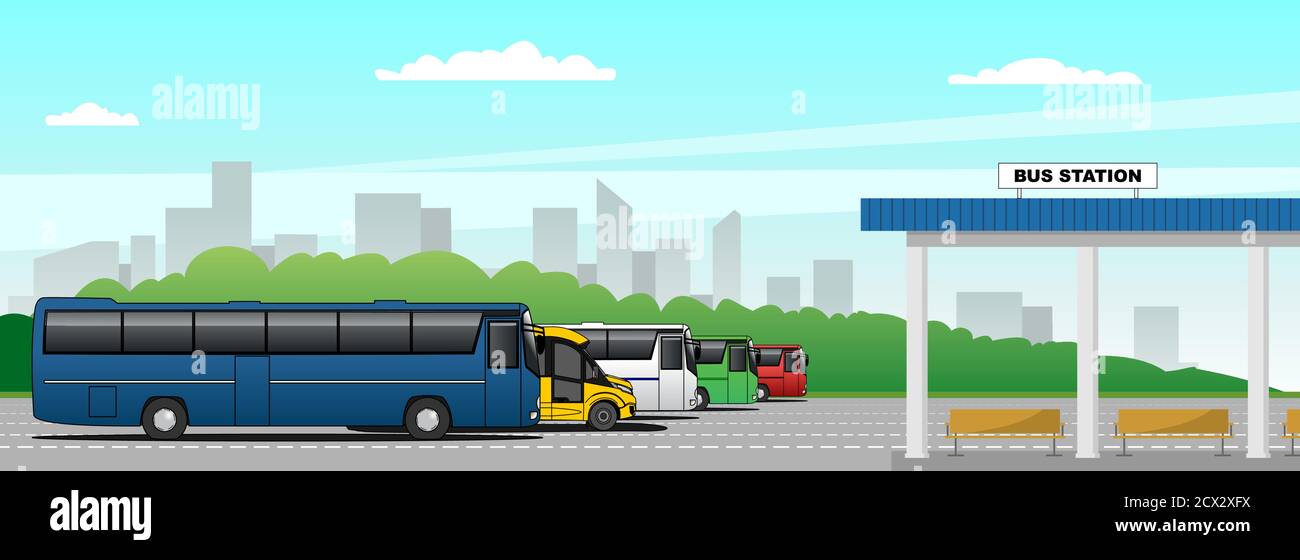 Vector bus station, intercity buses on the background of the cityscape in the distance. Banner, poster, flyer or landing page. Modern flat vector illu Stock Vector