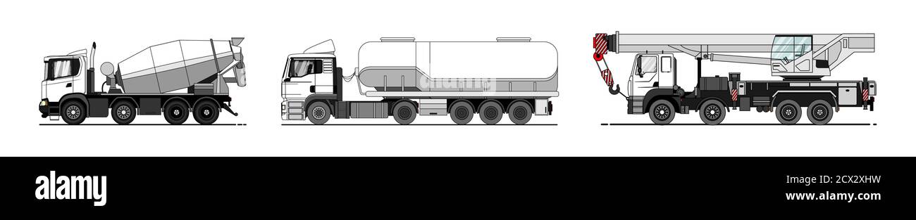 Vector set of auto mixer, tanker truck, truck crane. White empty truck template for advertising; mockup. Work cars. Concrete mixer, crane, tank. Moder Stock Vector