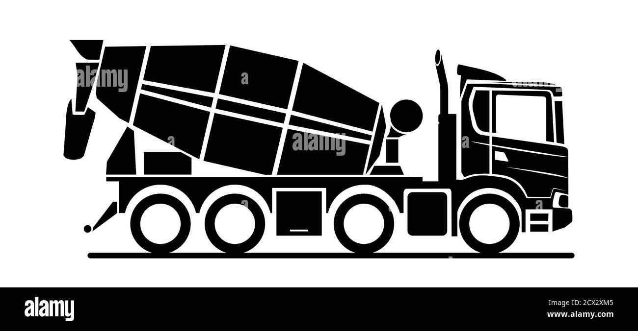 Vector black concrete mixer icon on white background, side view. Cement mixer truck. Stylish icon for logo. Modern flat vector illustration. Stock Vector