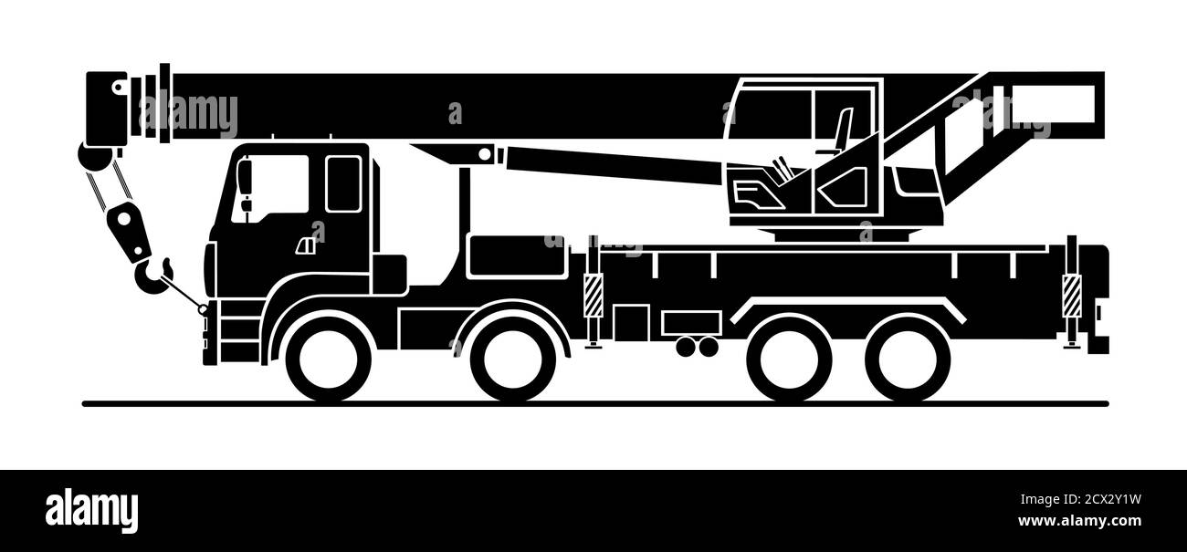 Vector black truck crane icon on a white background; side view. Car with a crane. Stylish icon for logo. Modern flat vector illustration. Stock Vector