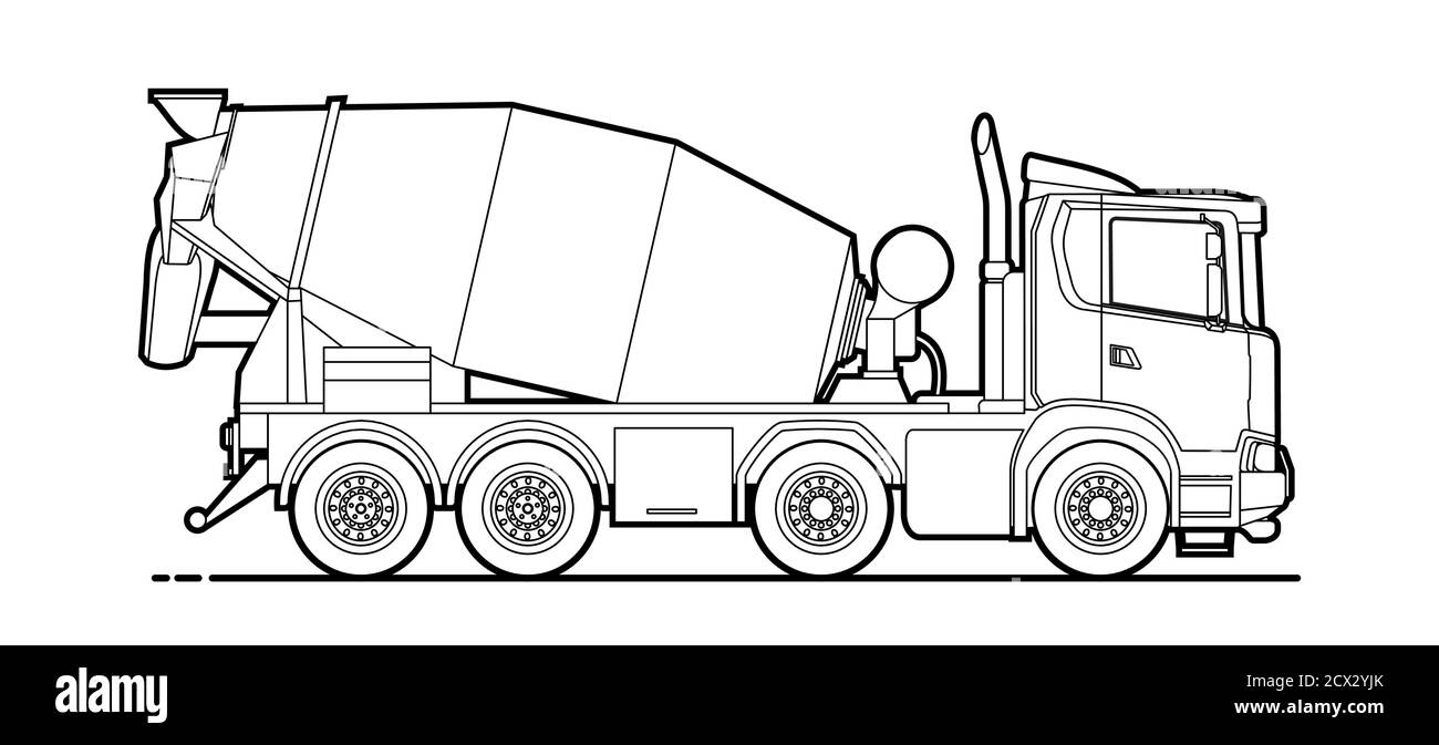 Vector contour concrete mixer; cement mixer truck, side view. Linear drawing for coloring book for boys; outline. Modern flat vector illustration. Stock Vector