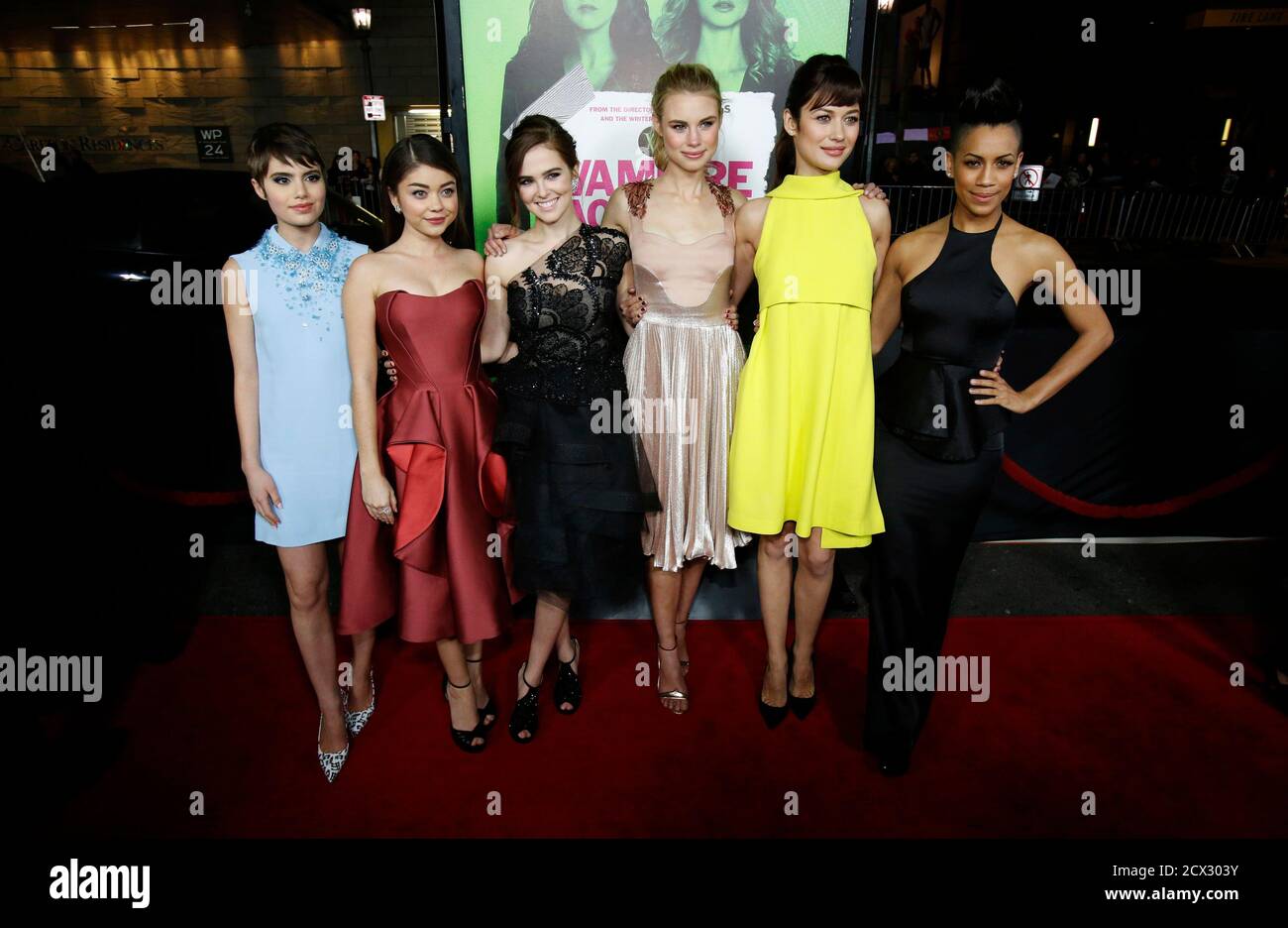 Cast Members From L R Sami Gayle Sarah Hyland Zoey Deutch Lucy Fry Olga Kurylenko And Dominique Tipper Pose At The Premiere Of The Movie Vampire Academy In Los Angeles California February 4
