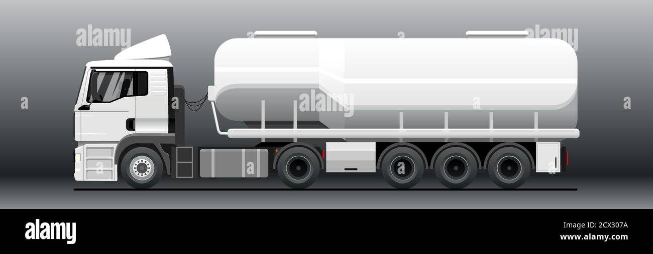 Vector tank truck side view. Truck; semitrailer tank. White blank tank truck template for advertising. Oil, fuel tanker. Freight, liquid transportatio Stock Vector
