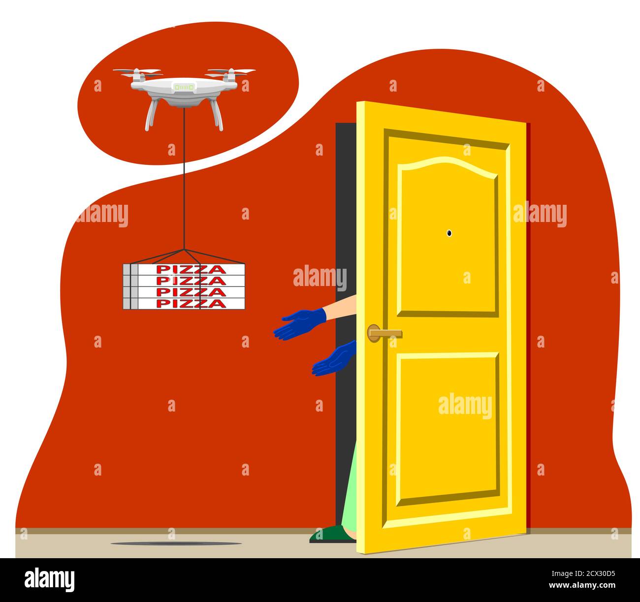Vector concept of contactless delivery of pizza products. Quadrocopter, drone delivers the order to the door, a person in gloves picks up the parcel. Stock Vector